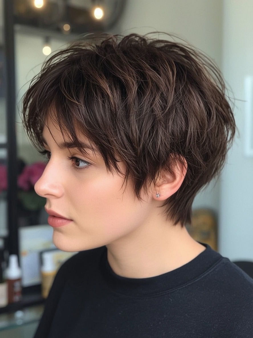 Brunette Summer Hair 2025: Brunette Pixie Cut with Volume