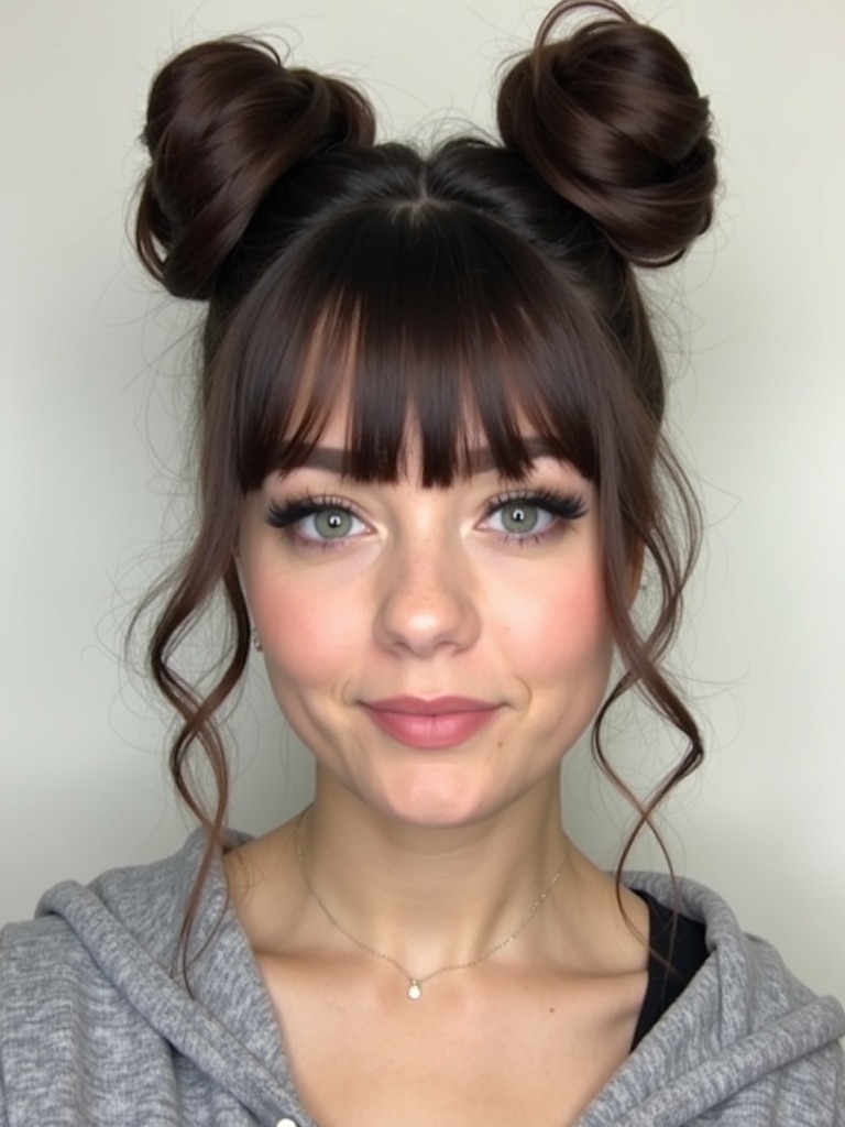 Face Framing Curtain Bangs: Space Buns with a Twist