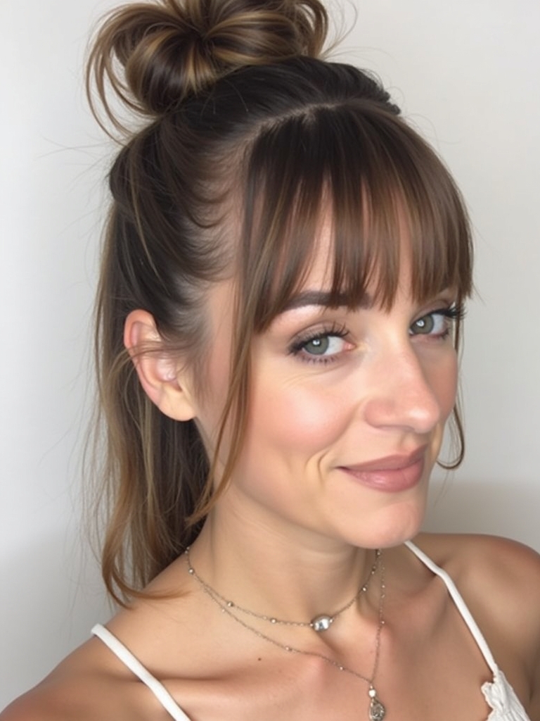 Face Framing Curtain Bangs: High Half Updo