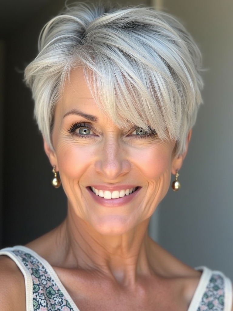 Hairstyles For Thin Hair Fine Over 50: Textured Pixie with Side-Swept Bangs