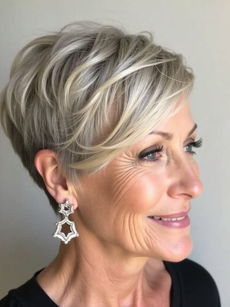 Hairstyle For Thin Fine Hair Over 50: Side-Swept Pixie