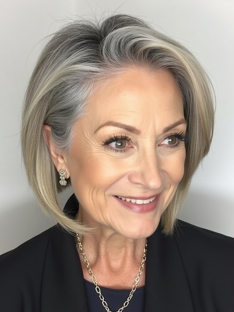 Hairstyles For Thin Fine Hair Over 60: Blunt Bob with a Deep Side Part