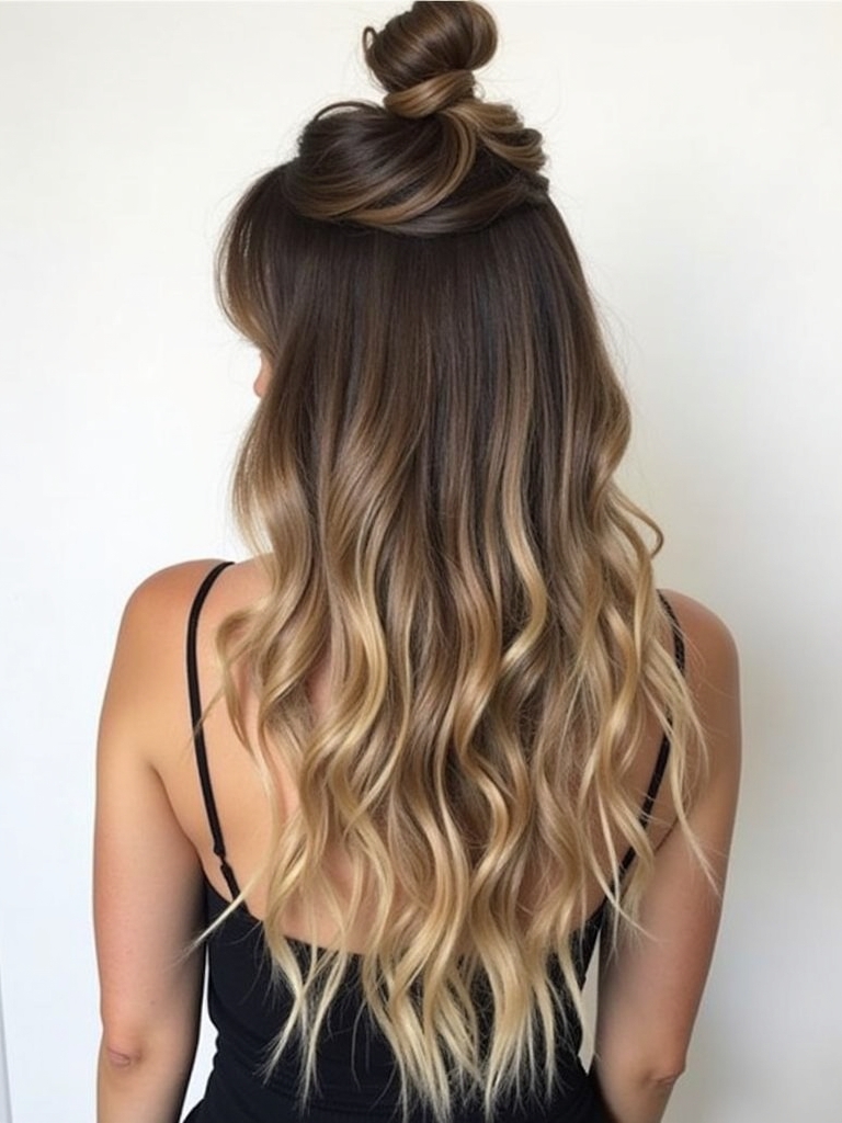 Long Haircut Ideas: Half-Up Top Knot with Textured Waves