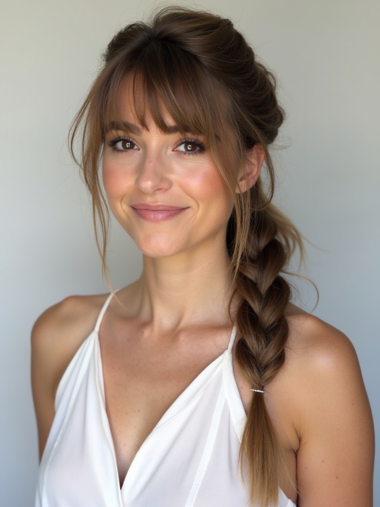 Face Framing Curtain Bangs: Low Messy Braid