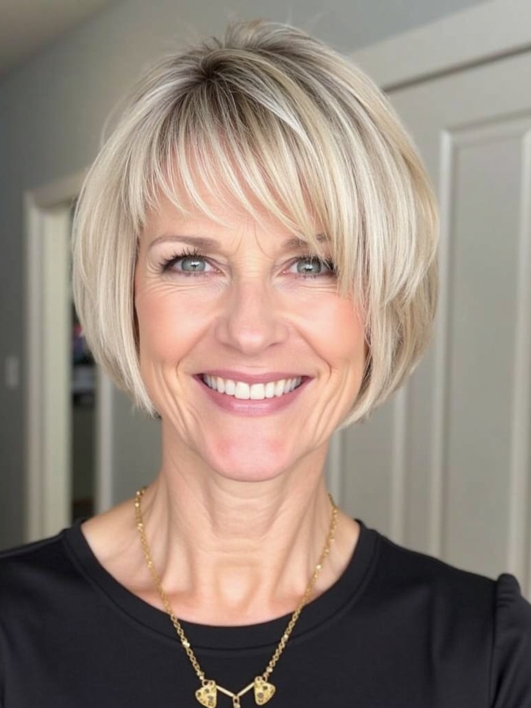 Hairstyle For Thin Fine Hair Over 50: Blunt Bob