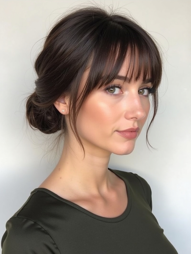 Face Framing Curtain Bangs: Middle Part Low Bun