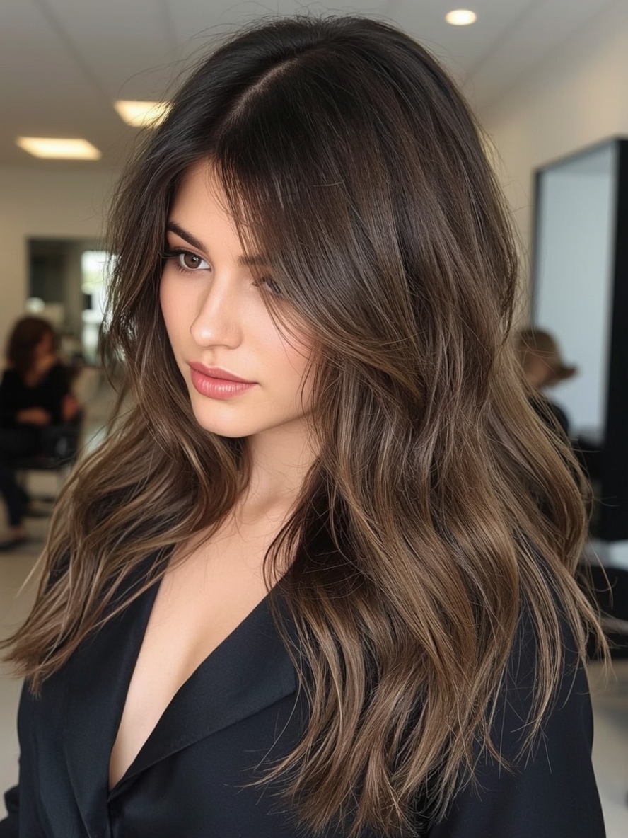 Brunette Summer Hair 2025: Long Brunette Hair with a Deep Side Part