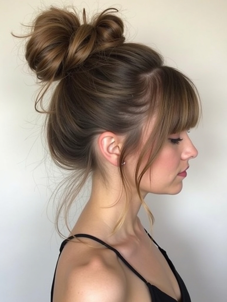 Long Haircut Ideas: Messy Bun with Bangs