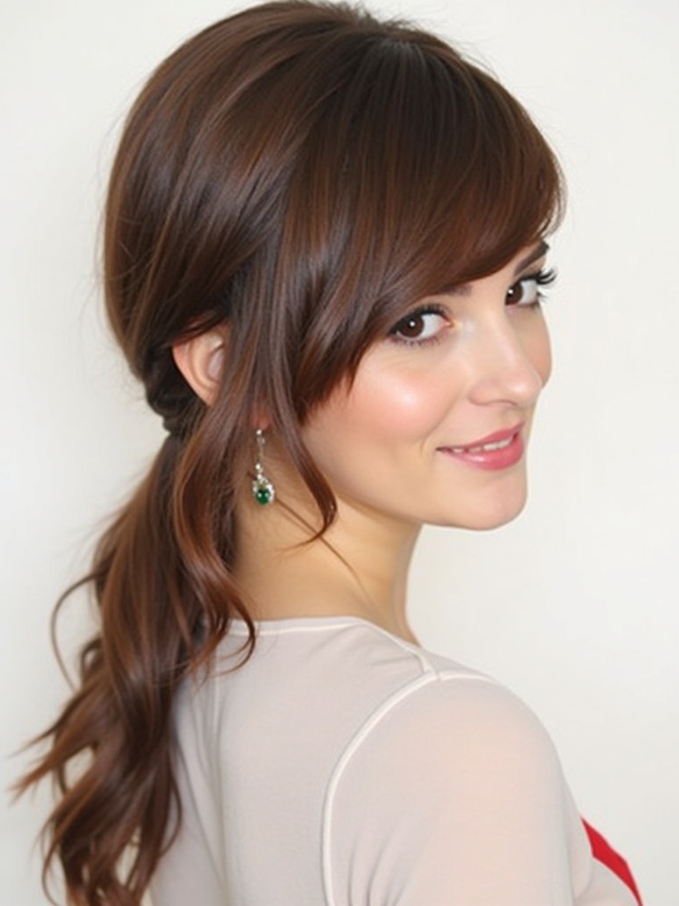 Cute Easy Hairstyles: Side Swept Bangs with Low Ponytail