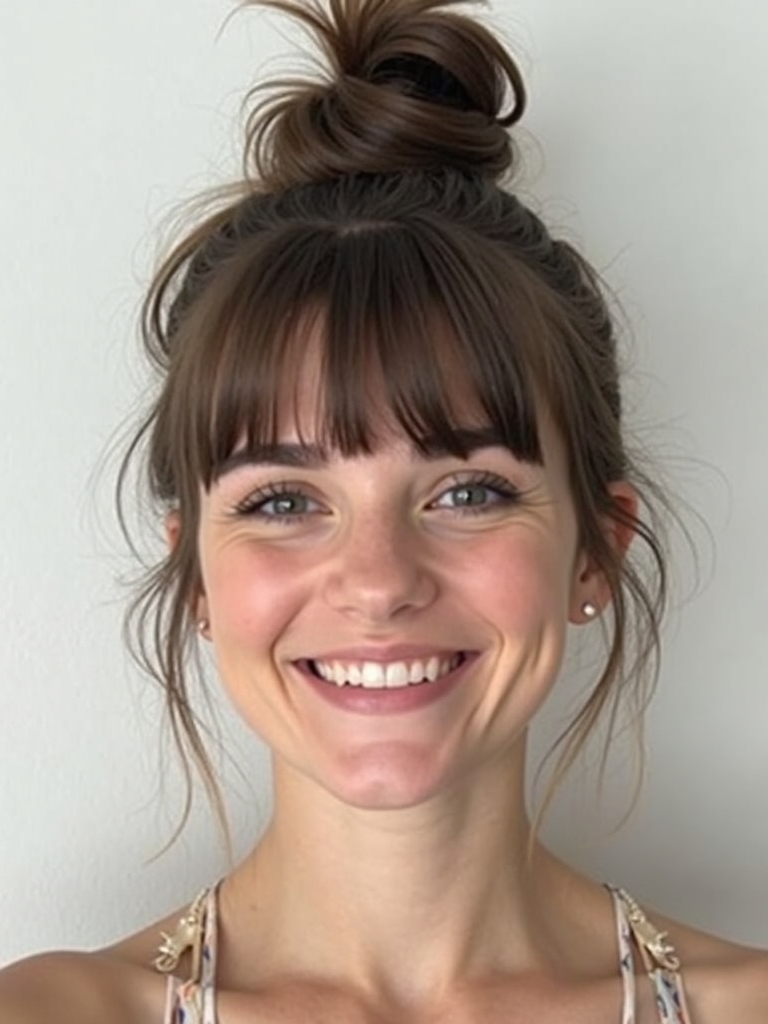 Face Framing Curtain Bangs: Half-Up Top Knot