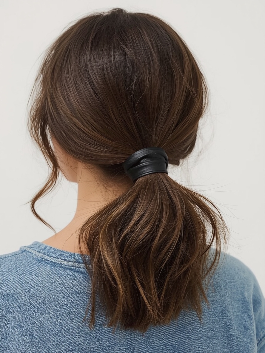 Brunette Summer Hair 2025: Brunette Ponytail with Leather Wrap