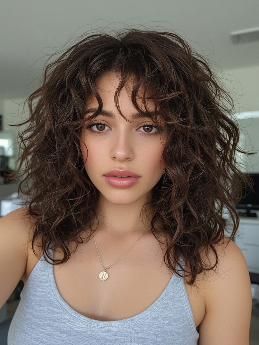 Brunette Summer Hair 2025: Curly Brunette Hair with Middle Part