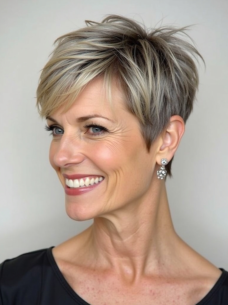 Hairstyle For Thin Fine Hair Over 50: Layered Pixie Cut