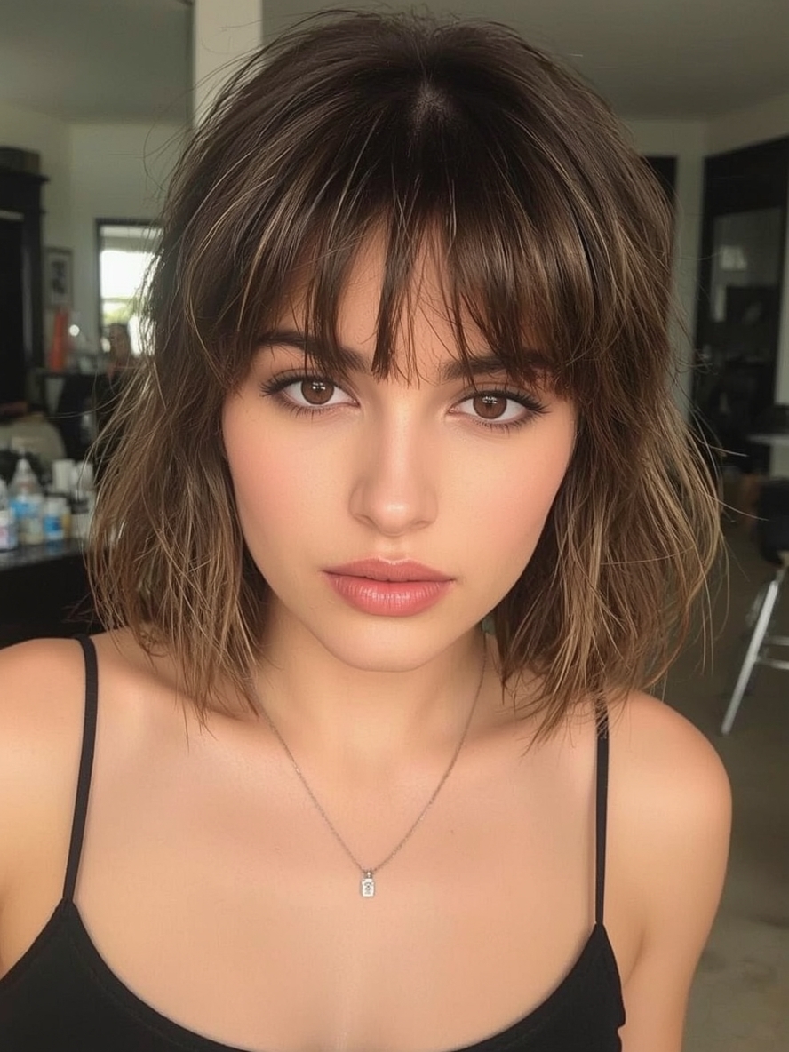 Brunette Summer Hair 2025: Blunt Brunette Bangs