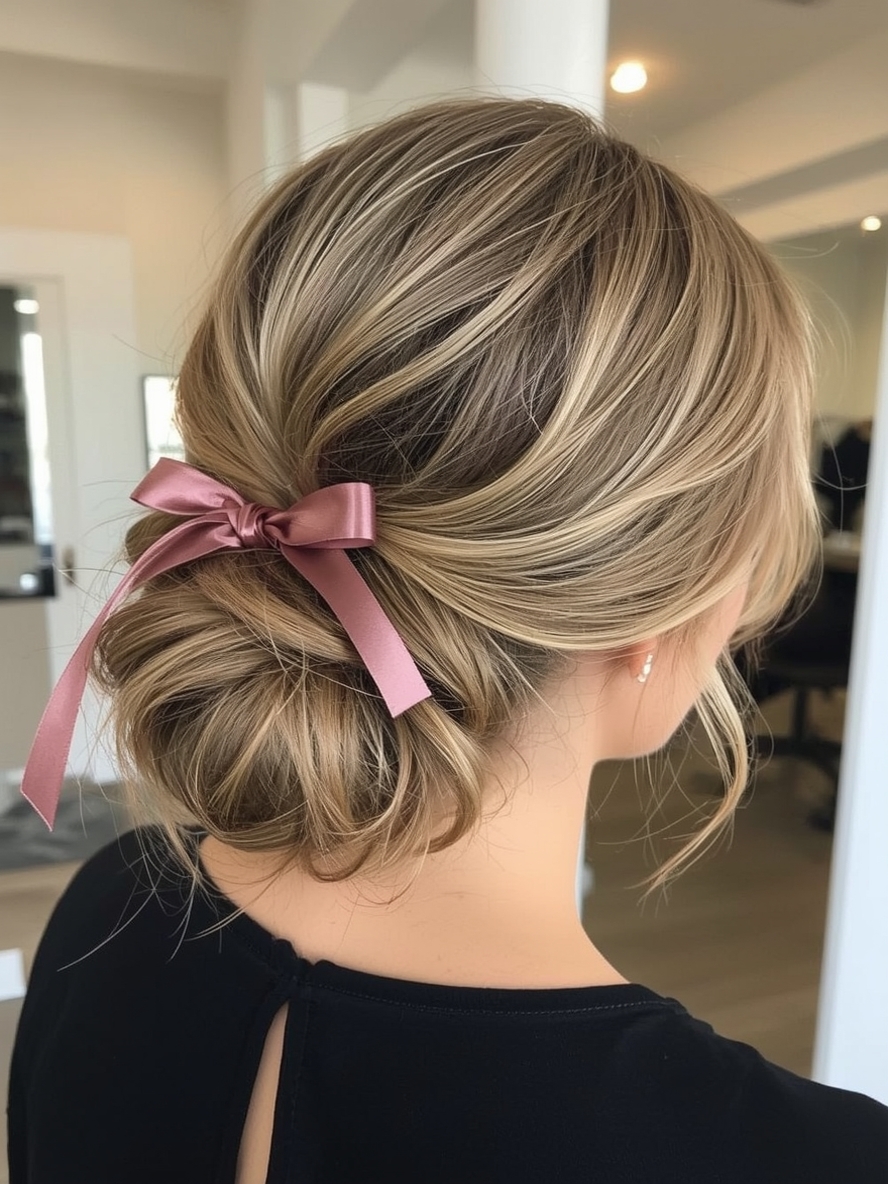 Ribbon Wrapped Low Bun Prom Hairstyles