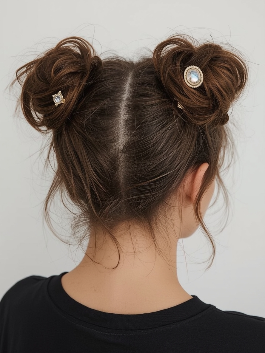 Brunette Summer Hair 2025: Accessorized Space Buns on Brunette Hair