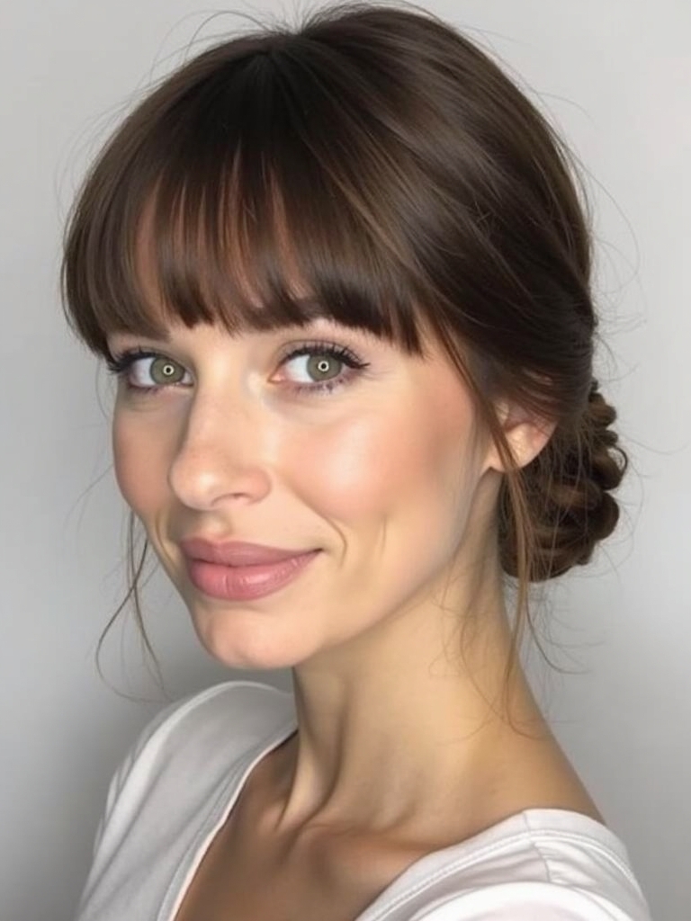 Face Framing Curtain Bangs: Low Rolled Bun