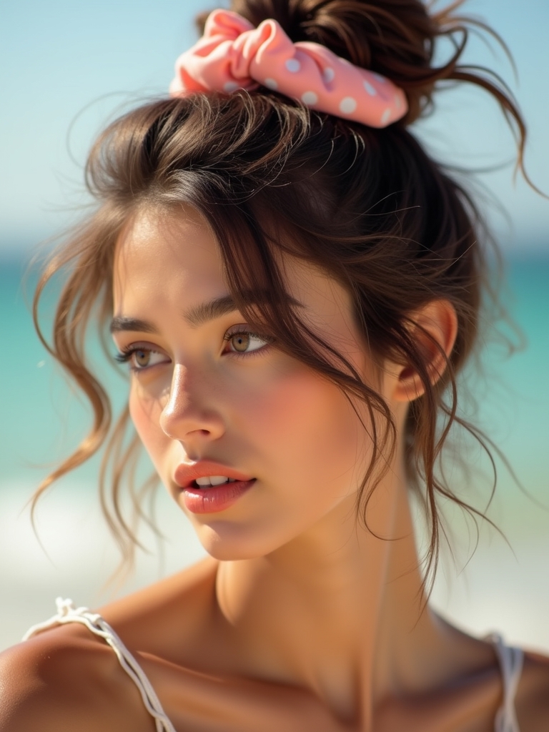 Brunette Summer Hair 2025: Messy Bun on Brunette Hair with Scrunchie