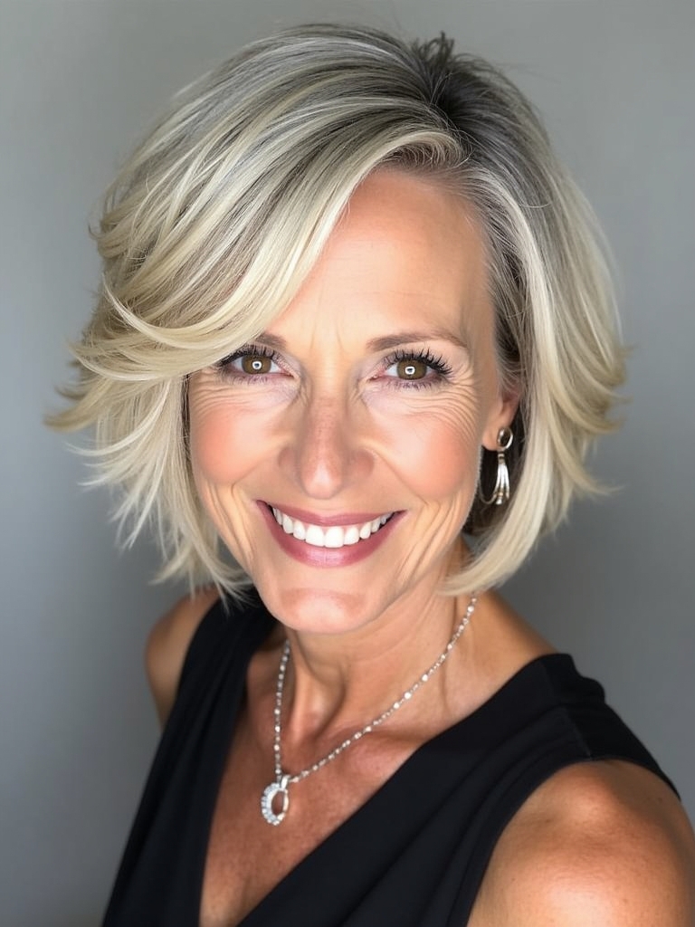 Hairstyles For Thin Fine Hair Over 60: Angled Bob with Wispy Bangs