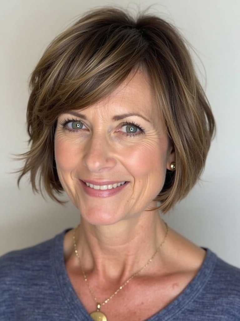 Hairstyle For Thin Fine Hair Over 50: Angled Bob with Bangs