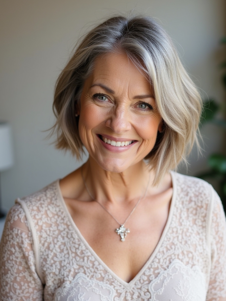 Hairstyles For Thin Fine Hair Over 60: Chin-Length Bob with Side-Swept Bangs
