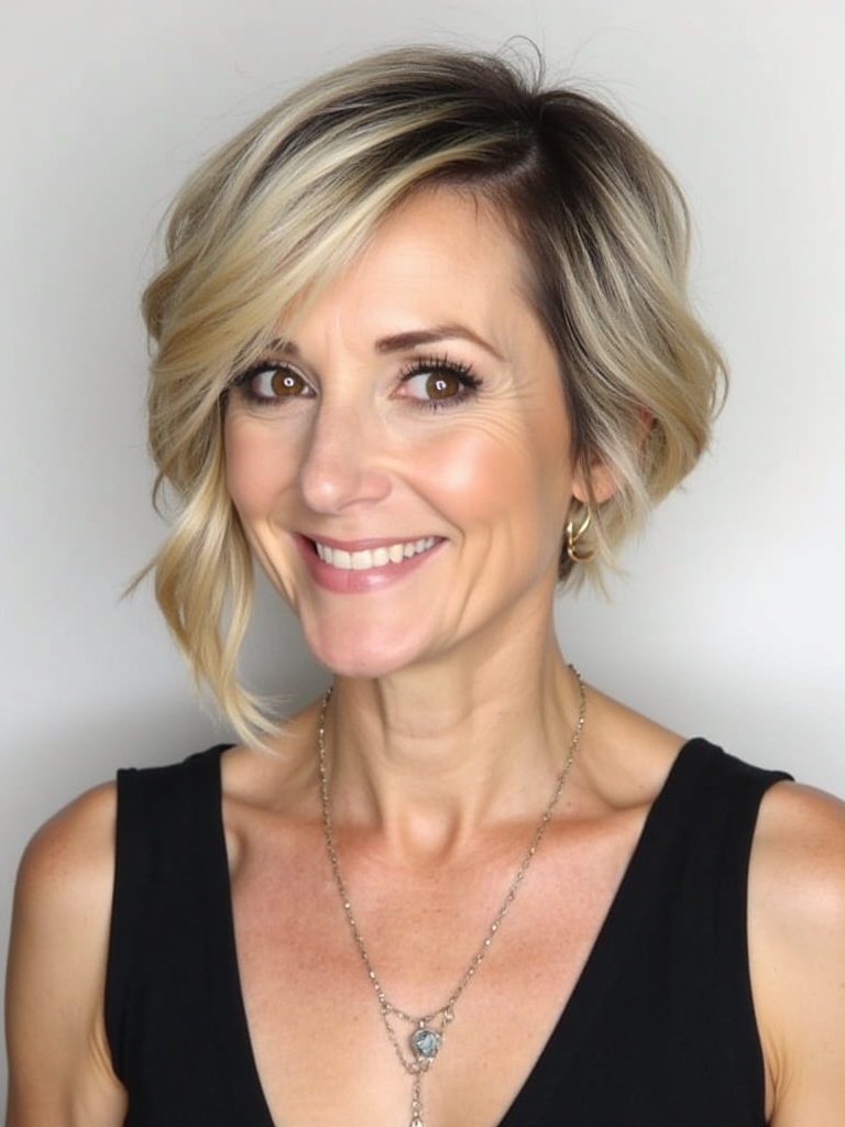 Hairstyle For Thin Fine Hair Over 50: Asymmetrical Bob