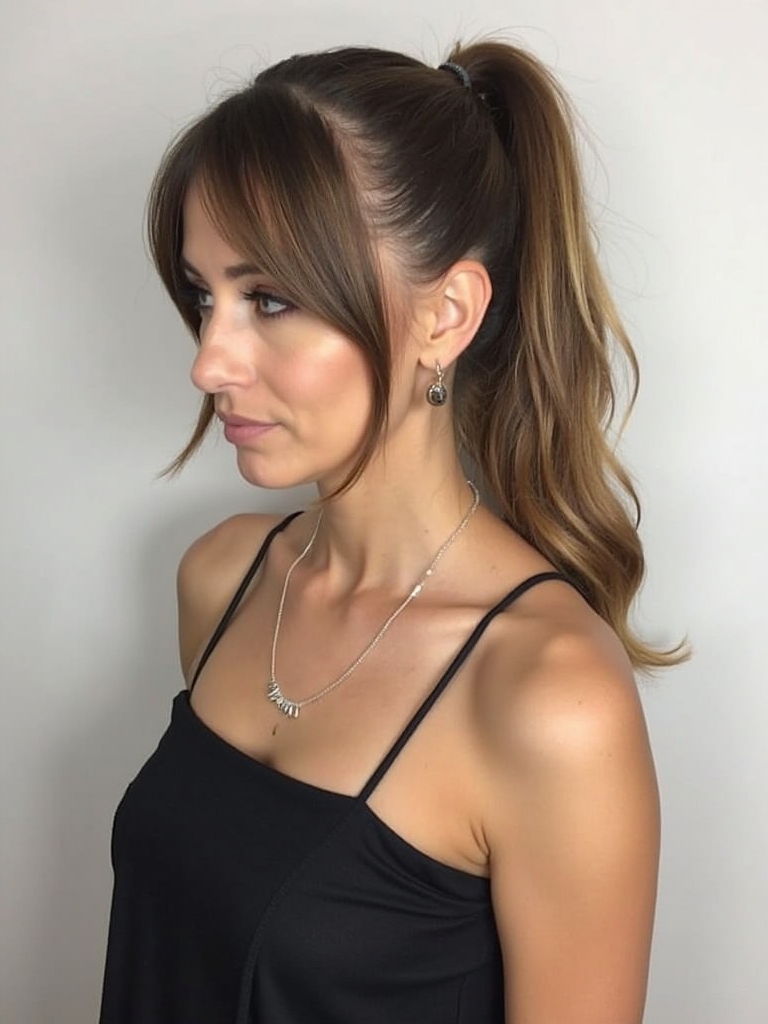 Face Framing Curtain Bangs: Sleek High Ponytail