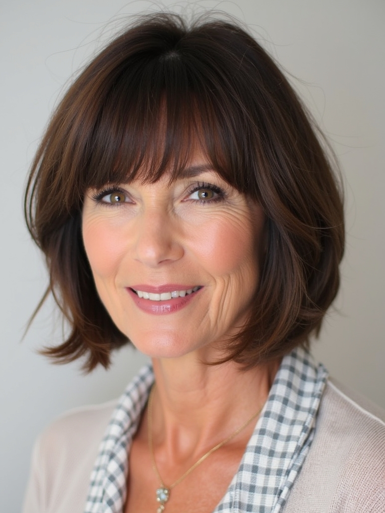 Hairstyles For Thin Hair Fine Over 50: Chin-Length Bob with Bangs