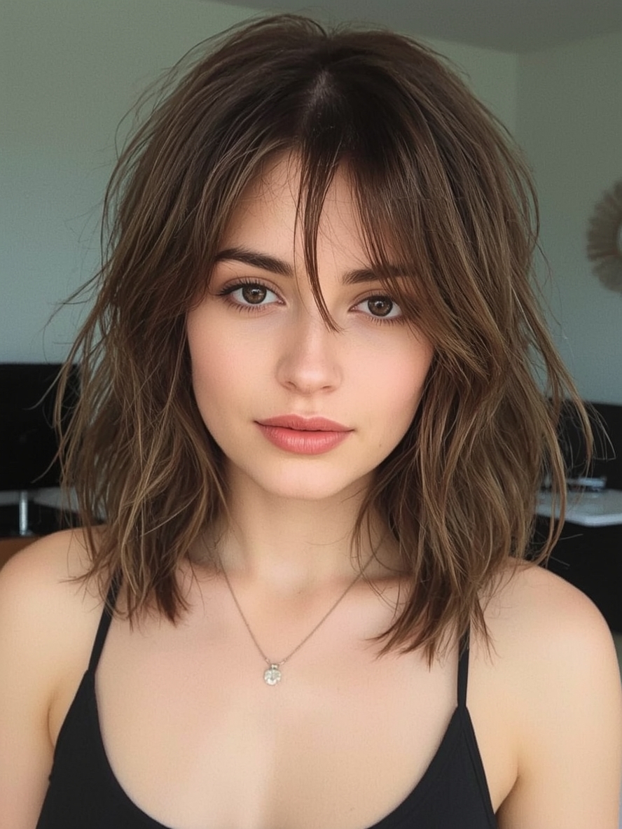 Shoulder Length Hairstyle For Thin Hair Fine: Wispy Bangs