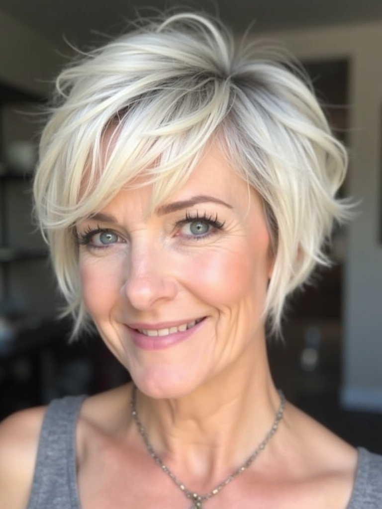 Hairstyle For Thin Fine Hair Over 50: Feathered Pixie