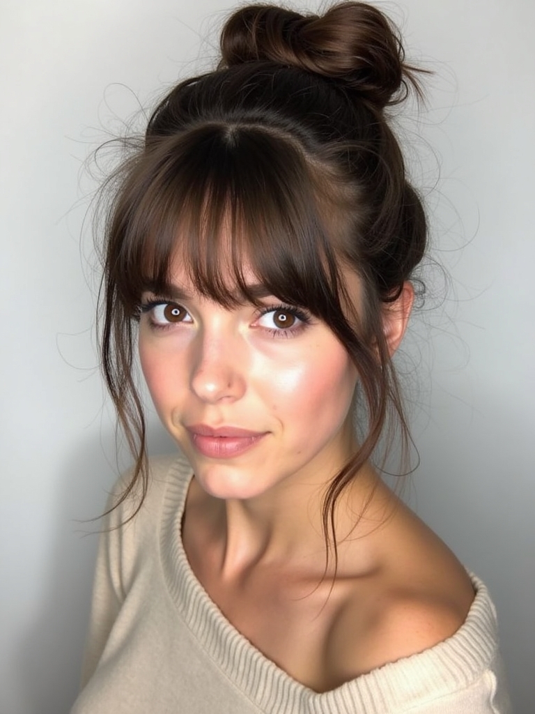 Face Framing Curtain Bangs: Messy Bun Chic