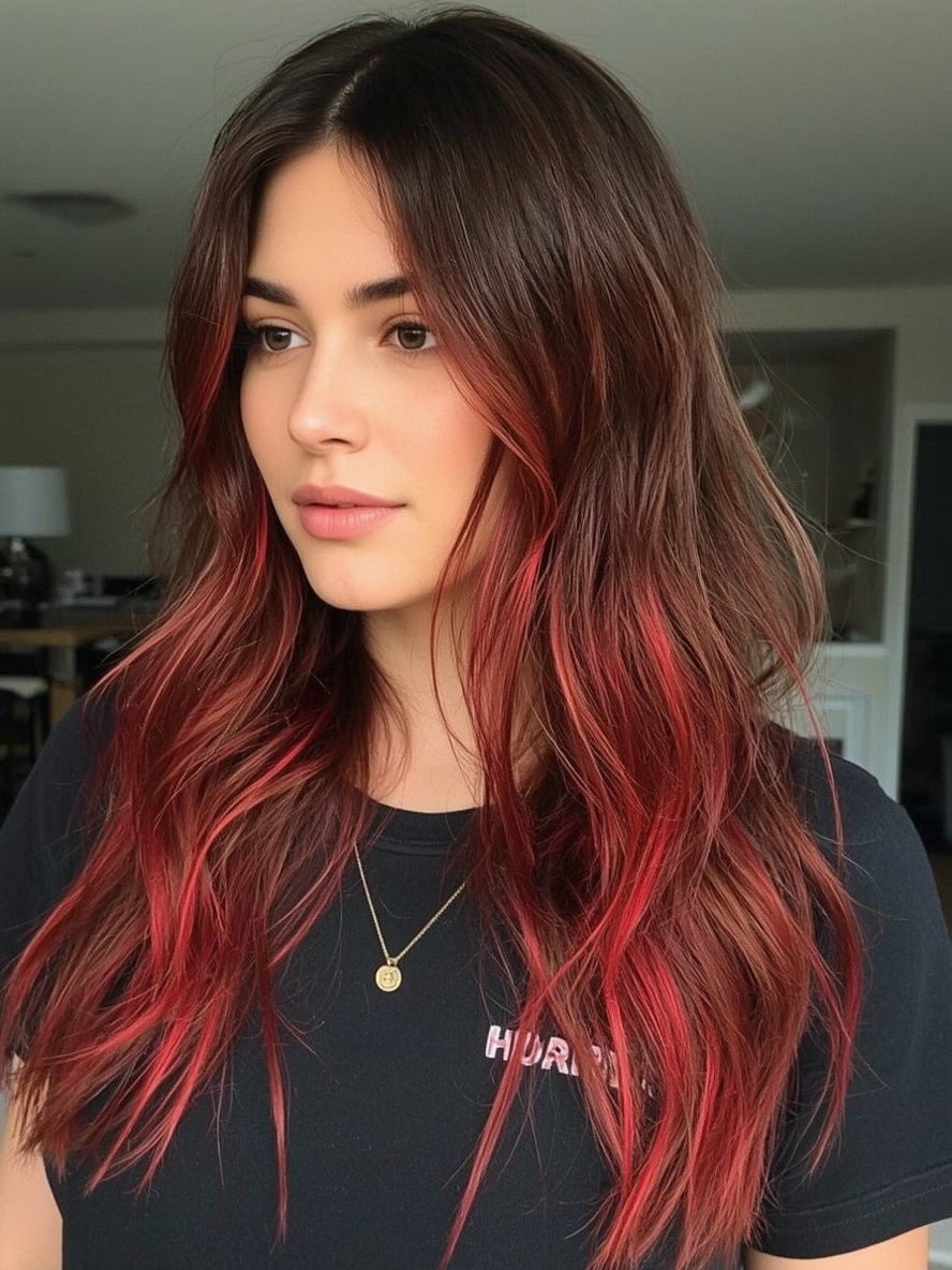 Brunette Summer Hair 2025: Deep Brunette with Bold Red Highlights