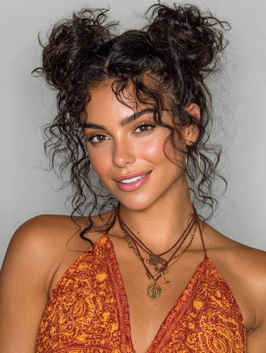Prom Hairstyles For Curly Hair: Half-Up Space Buns