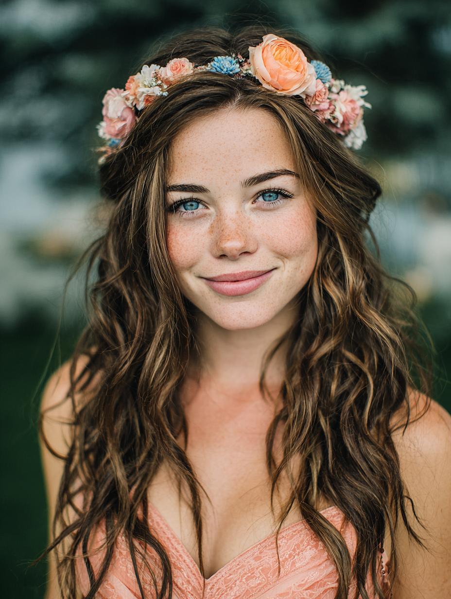 Hairstyles for Prom with Curly Hair: Loose Curls with a Flower Crown