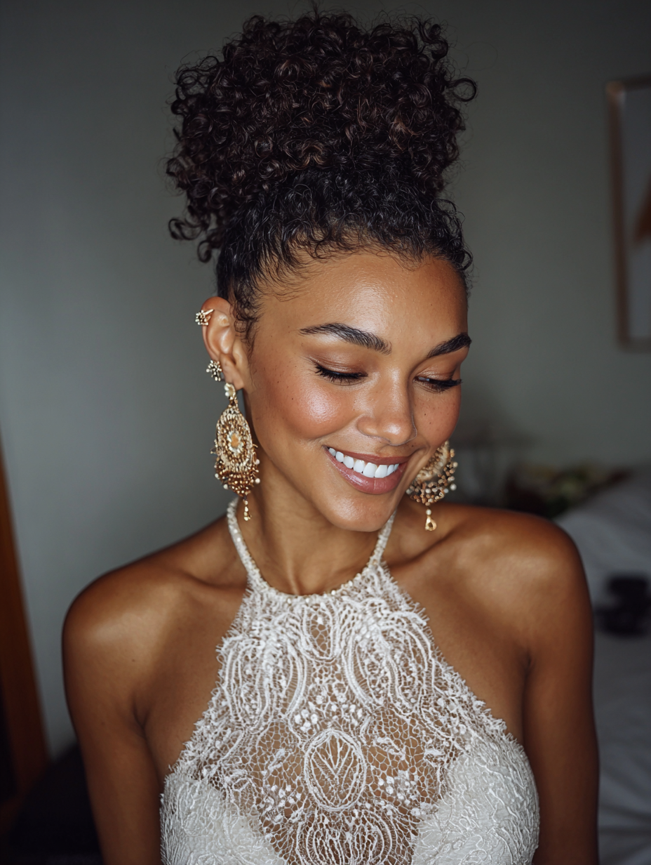 Prom Hairstyles for Curly Hair: High Puff with Bead Accents
