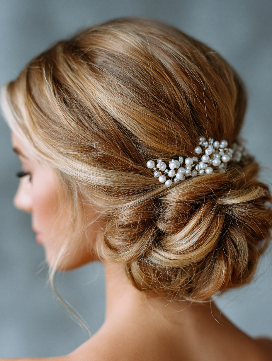Prom Hairstyles for Curly Hair: Low Bun with Pearl Accents