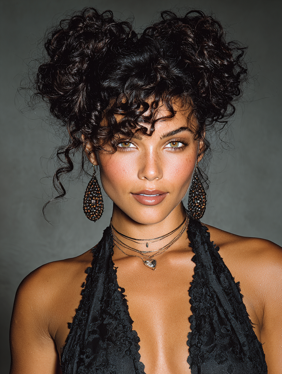 Curly Hair Updos Prom Hairstyles: Space Buns with Curly Tendrils