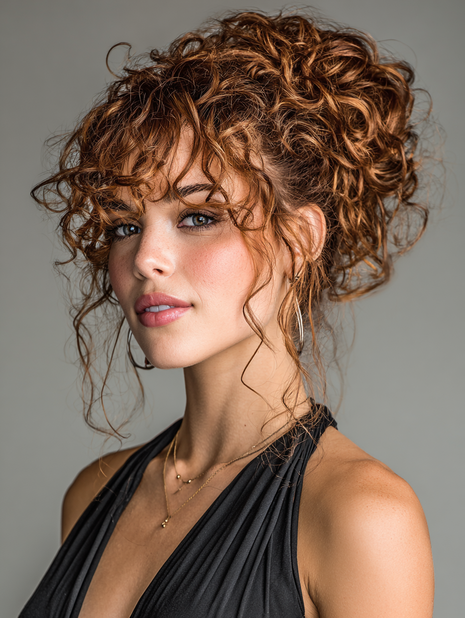 Curly Hair Messy Bun Prom Hairstyle: Prom Curls Sculpted Beside Bun
