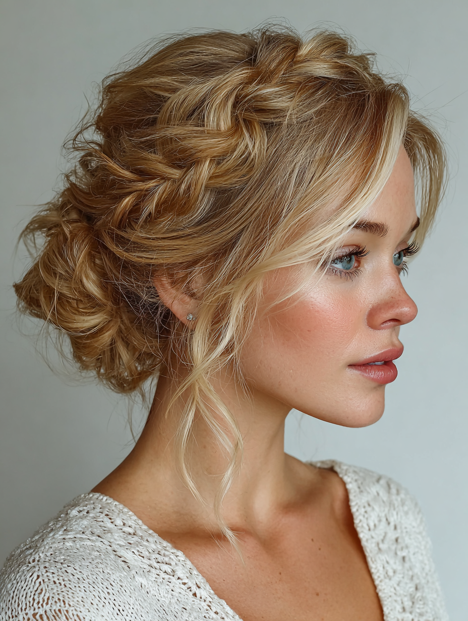 Prom Hairstyles with Buns for Curly Hair: Side Braid into Messy Bun