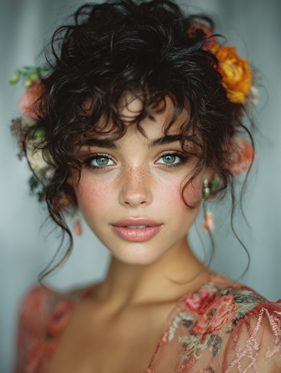 Curly Prom Hairstyles: Pinned Curls with Flowers