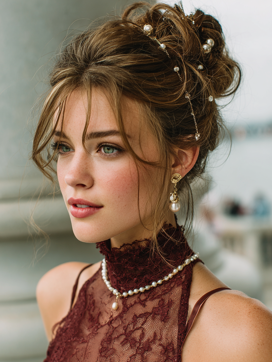 Hairstyle For Prom: Messy Bun with Pearl Accessories