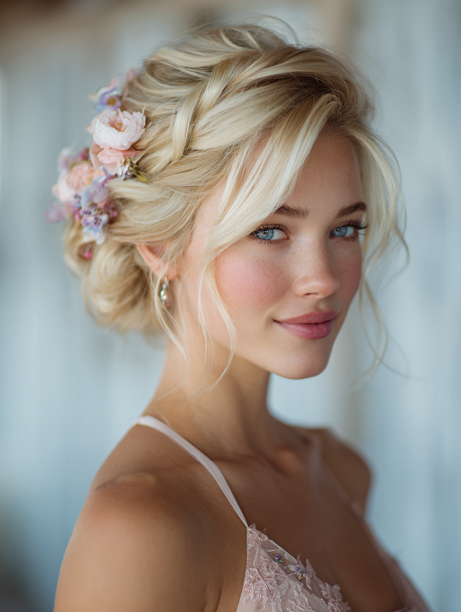 Hairstyles for Prom: Twisted Updo with Floral Accents
