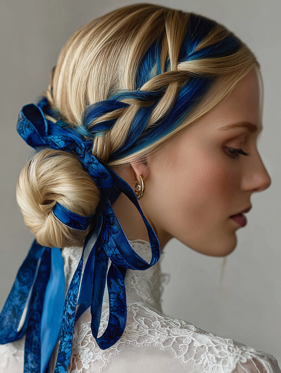 Straight Hairstyles for Braid Wrapped with Ribbon.