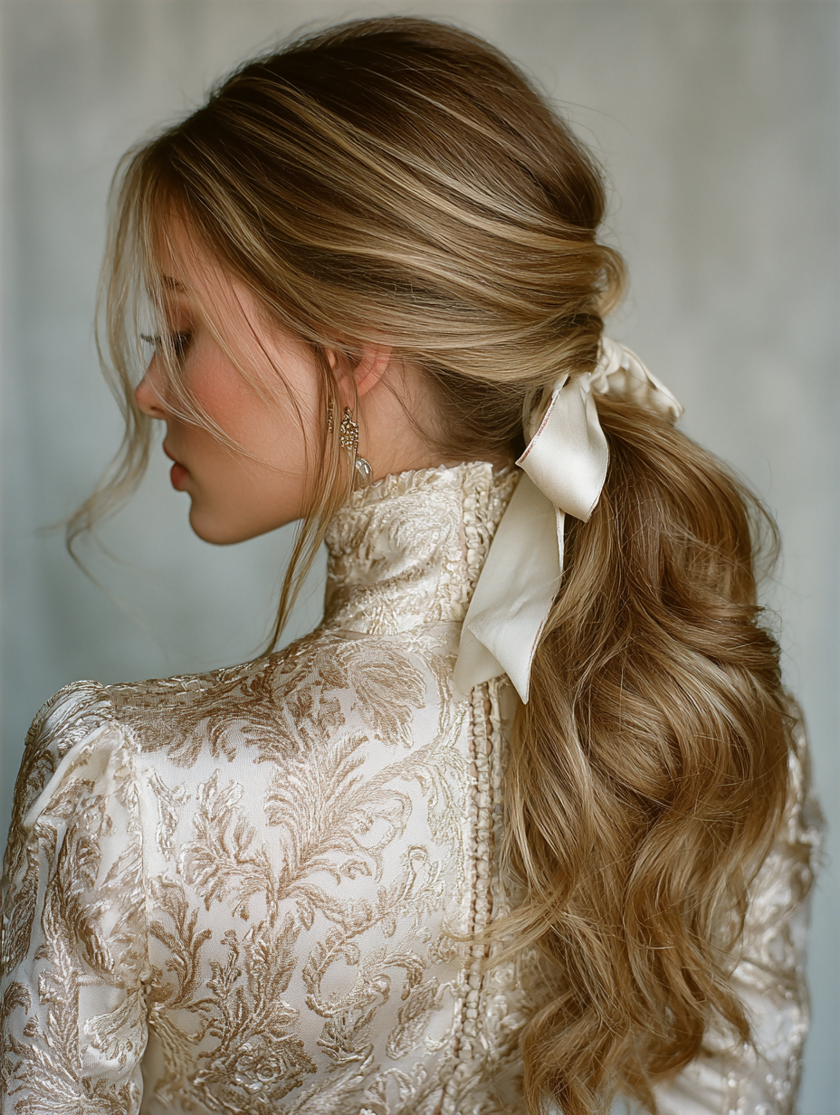 Prom Straight Hairstyles: Low Ponytail With Ribbon