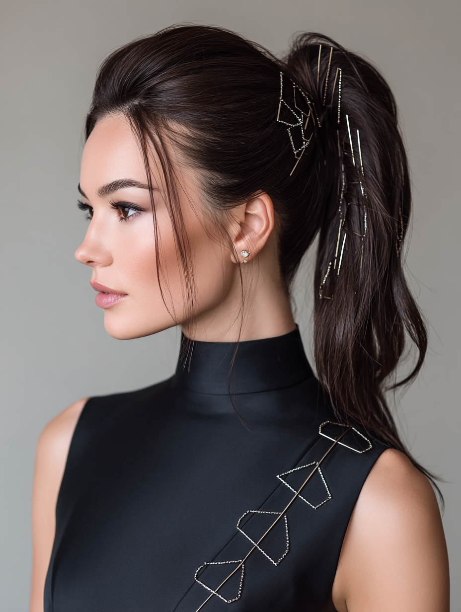 Prom Ponytail Hairstyles: Sleek Ponytail with Geometric Bobby Pin Accents