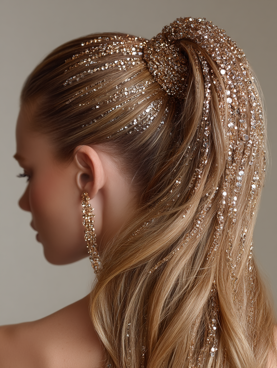 Prom Ponytail Hairstyles: Embellished High Ponytail with Rhinestones