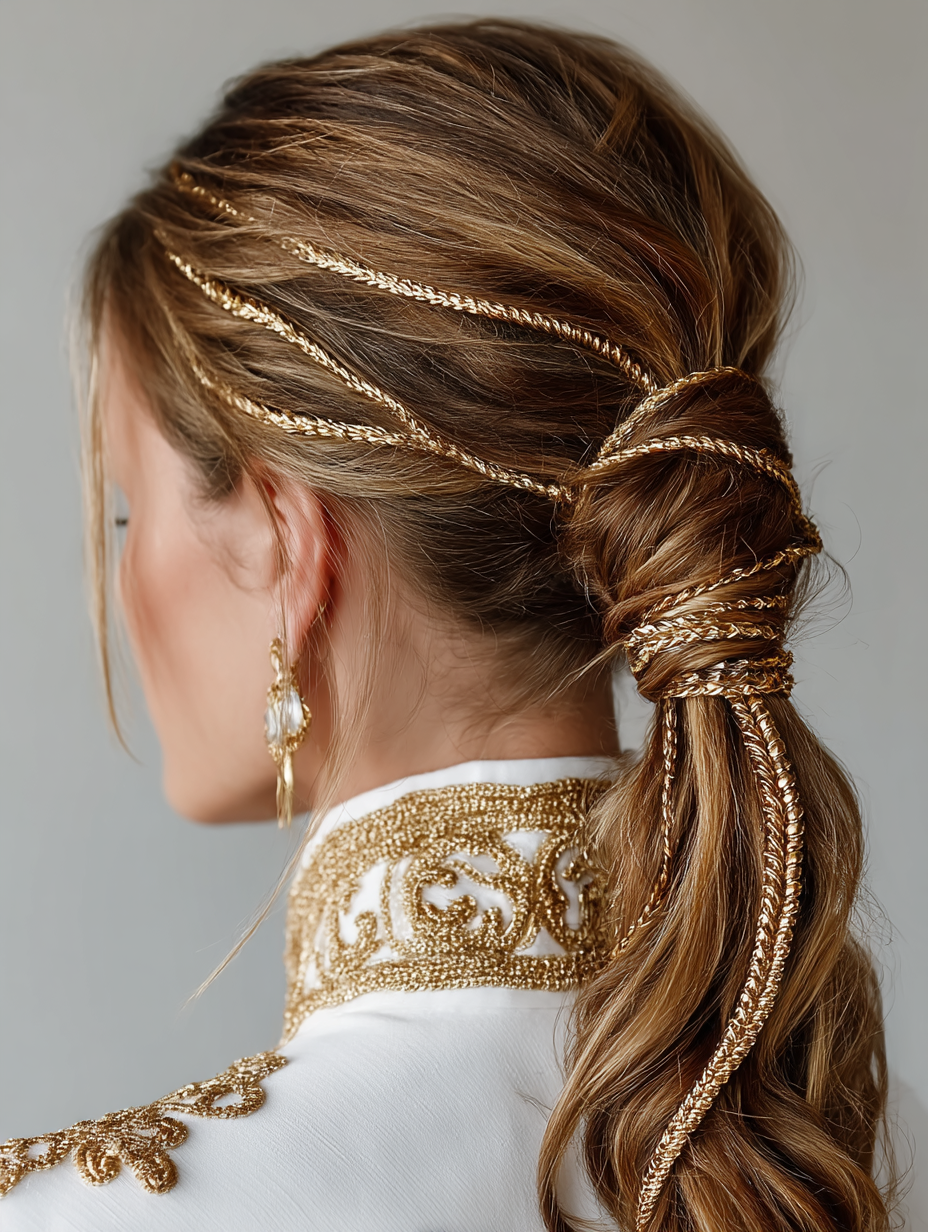Prom Ponytail Hairstyles: Wrapped Ponytail with Gold Thread
