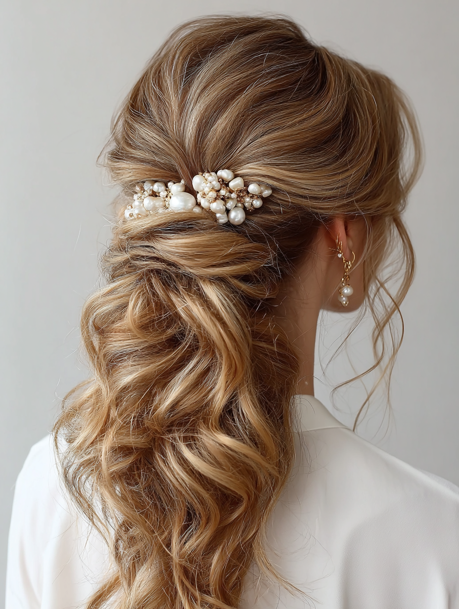 Prom Ponytail Hairstyles: Wavy Ponytail with Pearl Accents