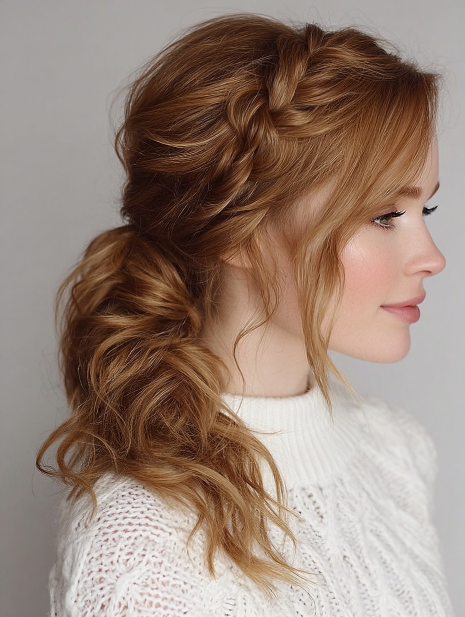 Prom Ponytail Hairstyles: Voluminous Low Ponytail with Side Braid
