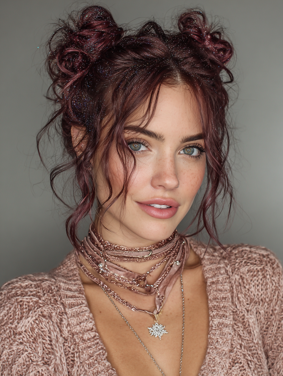 Rock Concert Hairstyles: Half-Up Space Buns with Glitter